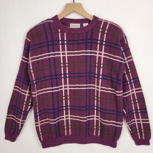 Vintage 90s Mens Small Dad Sweater Preppy Plaid Purple Cotton Crewneck